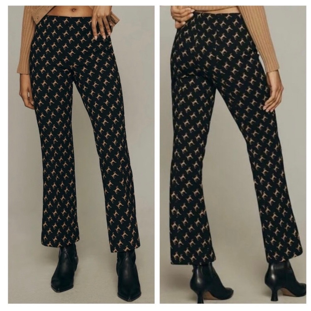 Maeve Anthropologie Margot Kick Flare Pants Black Tan Dog Print Pintuck XS